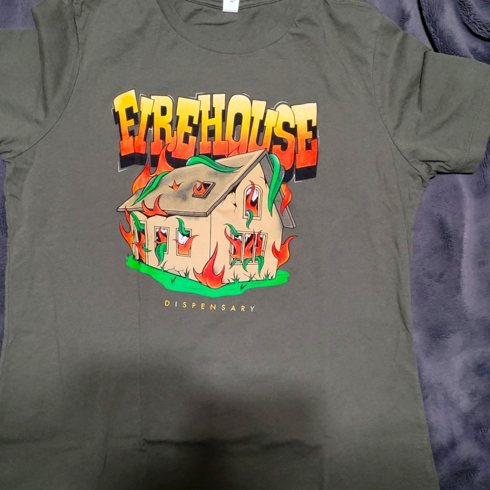 M olive green Firehouse dispensary graphic t-shirt